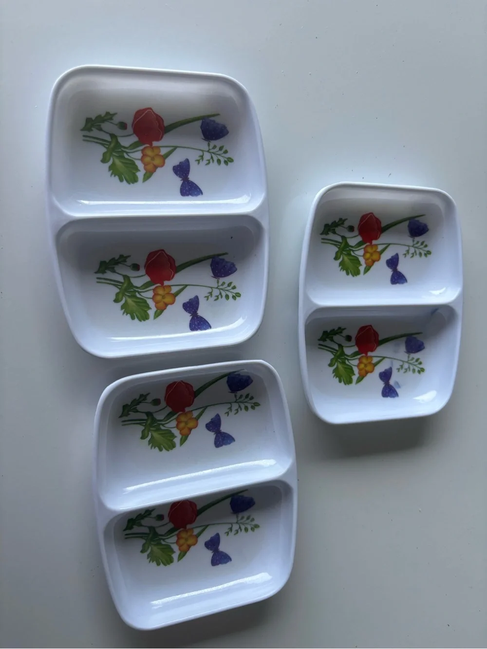 Set of 3 White Floral Divided Melamine Plates